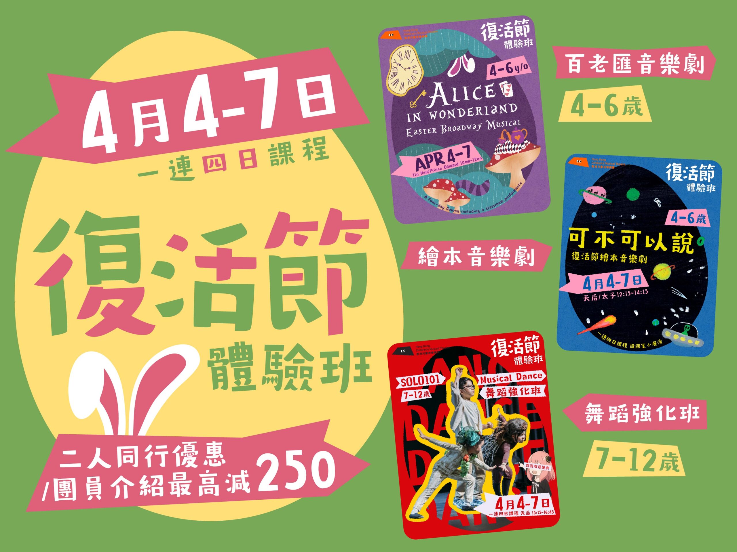 香港兒童音樂劇團 HKCMT 復活節體驗班，4月4日至4月7日，同我哋一齊玩住學，學住玩《可不可以說》同埋 《Alice in Wonderland》